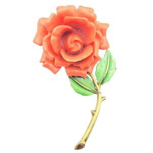 JJ Jonette Gold Tone Orange Lucite Rose Brooch Signed